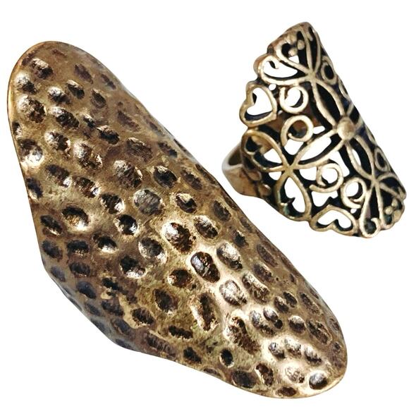 VTG Lot of 2 Rings Brass Filigree and Hammered Statement Set Adjustable Bold Y2K - Picture 1 of 11